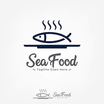 Fish on a plate logo design vector template.