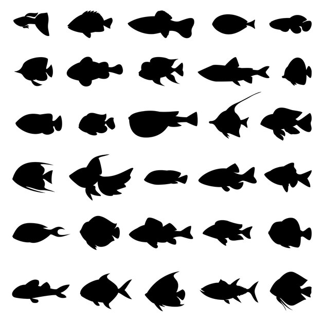 Fish silhouettes black on white. Set of marine animals in monochrome style illustration