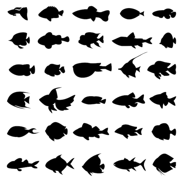 白地に黒の魚のシルエット。モノクロスタイルイラストの海洋動物のセット