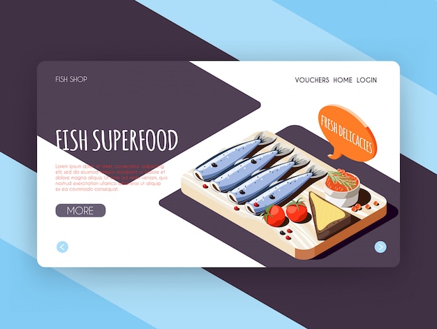 Insegna del superfood del pesce per la pubblicità online del negozio con l'illustrazione isometrica di vettore delle prelibatezze fresche