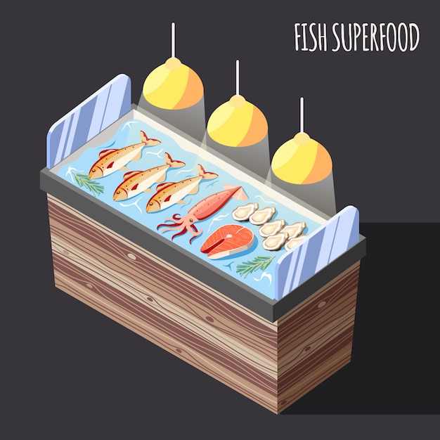 Fish superfood isometric with fresh products on ice counter vector illustration