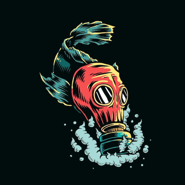 Free vector fish wearing gas mask in polluted water  illustration