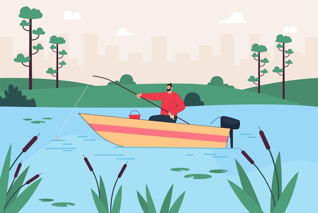 Free vector fisher with fishing rod waiting for fish catch. man sitting in boat floating on blue waters of river or lake landscape flat vector illustration. active outdoor recreation, summer nature concept