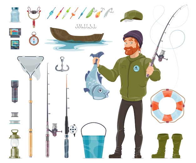 Бесплатное векторное изображение Набор элементов рыбака