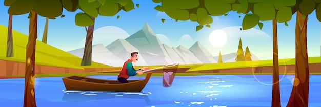 Fisherman fishing in boat with net on forest pond with\
mountains view senior male character with haul in skip recreational\
summer hobby summertime activity leisure cartoon vector\
illustration