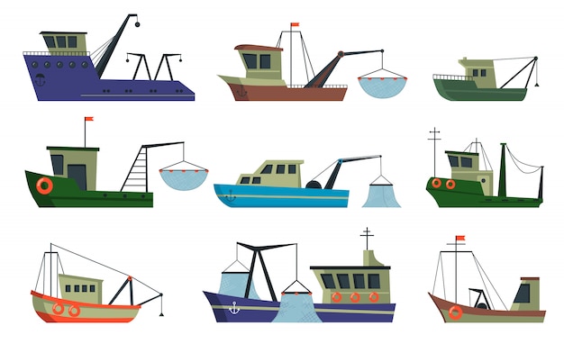 Vettore gratuito set di barche e pescherecci da traino per pescatori