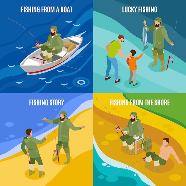 Fishermen during communion and with haul isometric concept catching from boat and at shore isolated