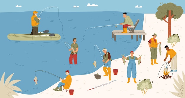 Fishermen with rods catch fish in river