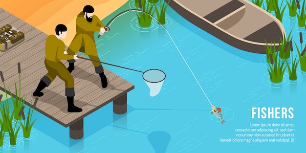 Free vector fishers on wooden pier with tackles during fish catching isometric horizontal