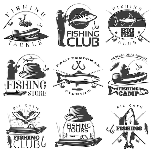 Free vector fishing black emblem set with fishing tackle fishing club fishing store descriptions