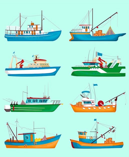 無料ベクター 漁船セット。伝統的な漁師のトロール船、クレーン付きの船、淡いブルーで隔離された貨物。漫画イラスト