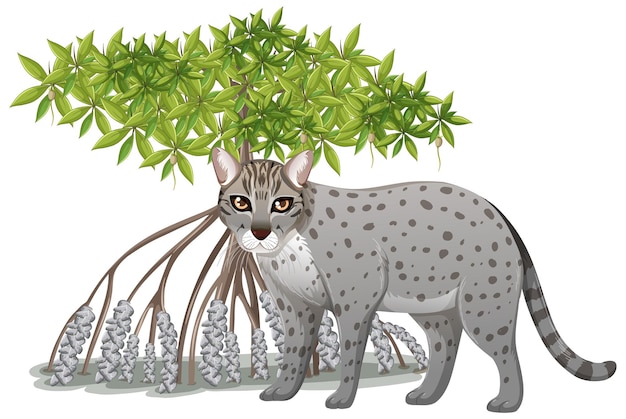 Fishing cat with mangrove tree in cartoon style on white\
background