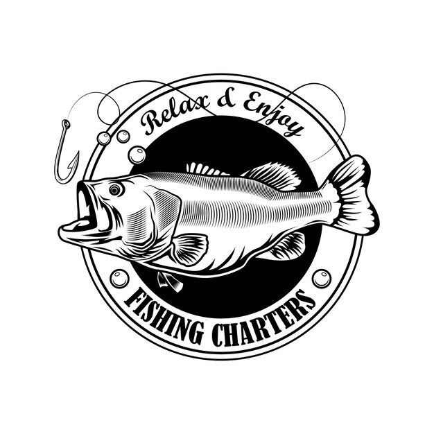 Fishing charter stamp vector illustration. Fish, hook and text on ribbon. Fishing concept for camp emblems and labels templates