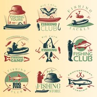 Набор цветной эмблемы для рыбалки с описанием снастей и рыболовных туров