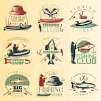 Free vector fishing colored emblem set with fishing tours club tackle and camp descriptions