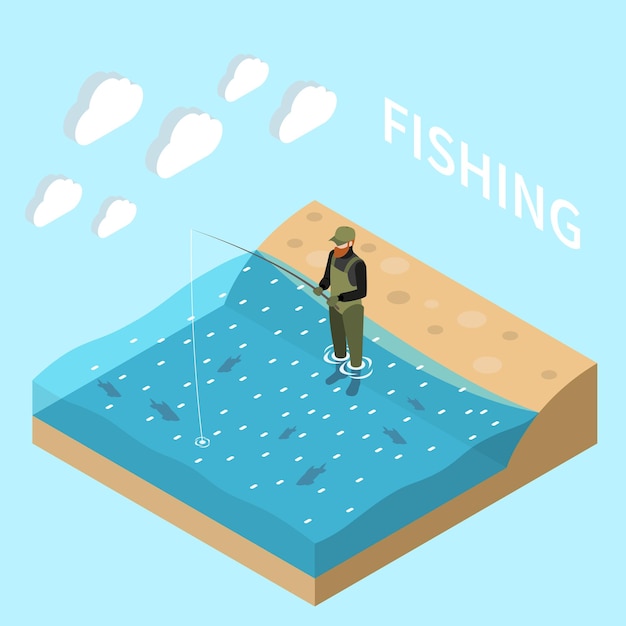 Free vector fishing fisherman isometric colored and isolated concept man fishing on the riverbank vector illustration