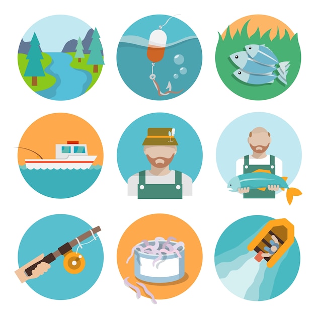 Бесплатное векторное изображение Коллекция рыболовные иконки