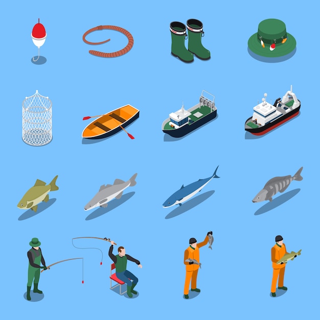 Fishing isometric icons set with boats and equipment symbols isolated illustration
