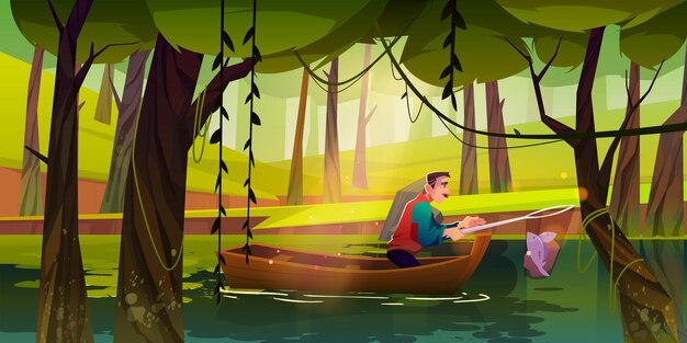 Free vector fishing man in boat catching fish in net on forest lake or pond at summer