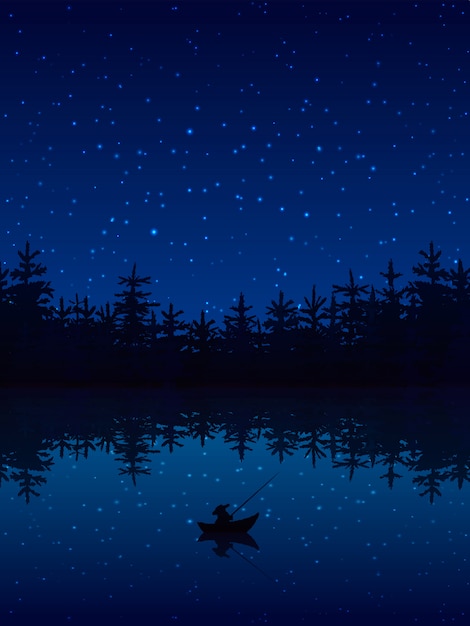 Vettore gratuito pescando alla notte vicino ad una foresta con la barca e l'illustrazione piana di vettore della barretta