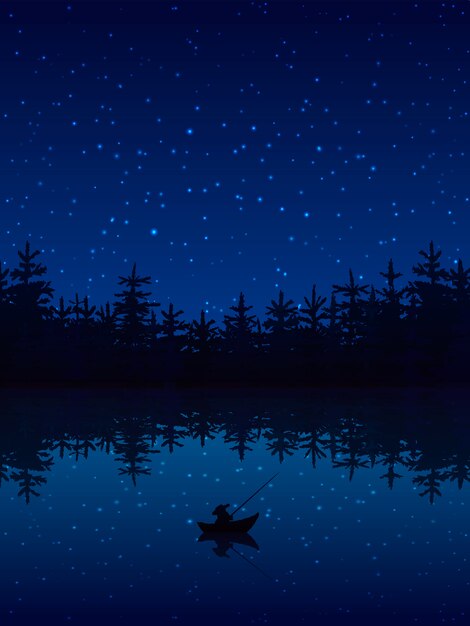 Рыбалка ночью возле леса с лодкой и удочкой плоской векторная иллюстрация