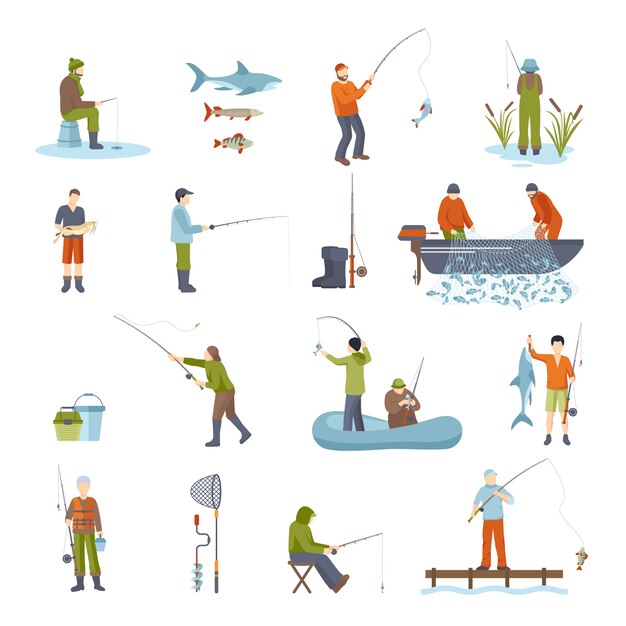 Fishing People Fish And Tools Icons Set