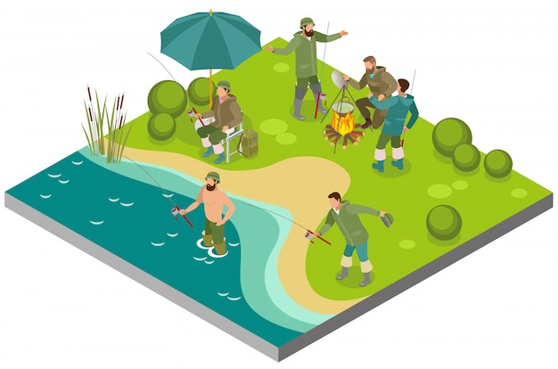 Fishing tourism isometric composition with fishers near bonfire\
and during catching on bank river