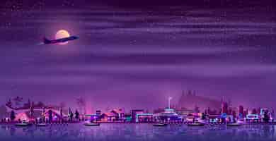 Free vector fishing village on seashore neon cartoon