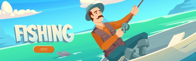 Fishing website with lake and man in boat fisherman with rod catches in river pond or sea 