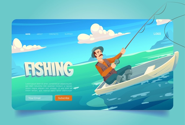 Free vector fishing website with lake and man in boat fisherman with rod catches in river pond or sea