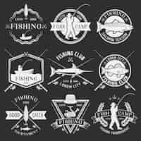 Free vector fishing white emblems on black background