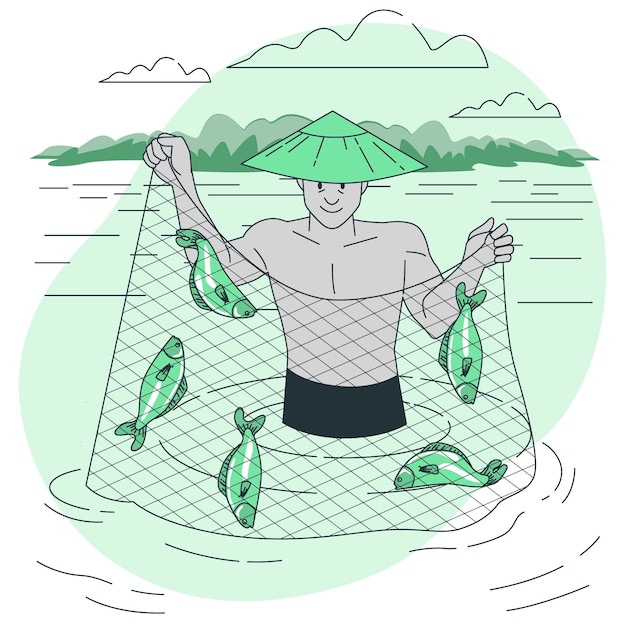 Free vector fishing with net concept illustration