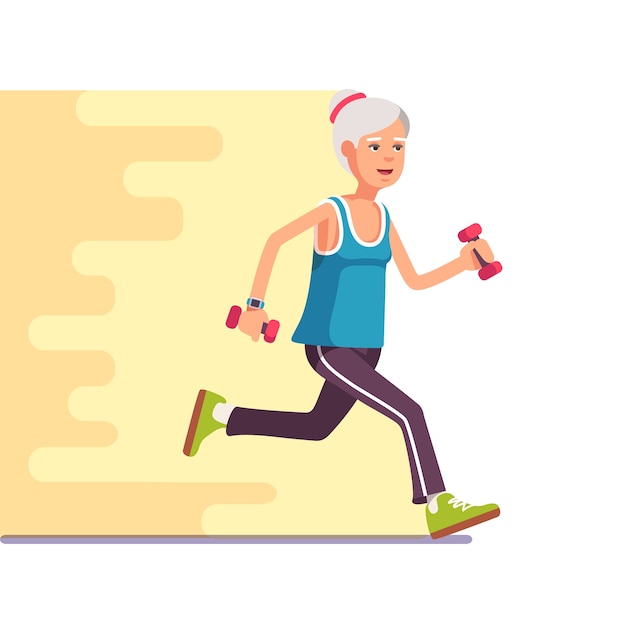 Free vector fit elderly woman jogging with dumbbells