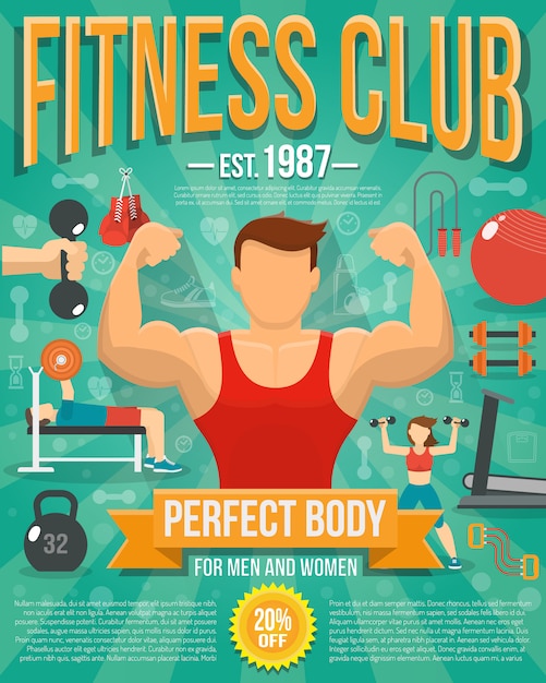 Fitness club poster with sport equipment and people doing workouts