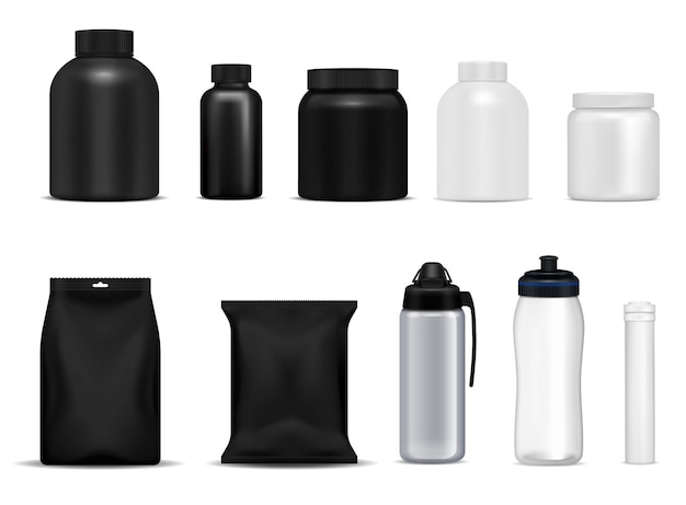 Fitness drink bottles sport nutrition protein containers packages black white  metal plastic realistic set isolated