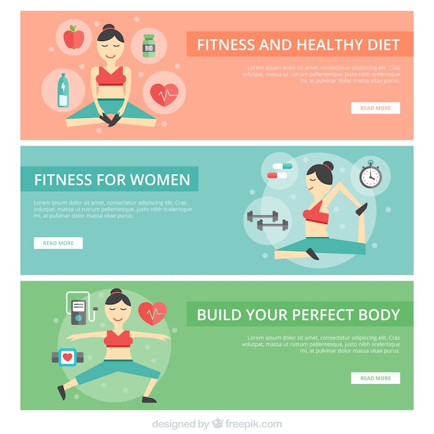 Free vector fitness fot women flat banners