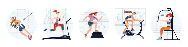 Free Vector fitness for girls in sport club set sporty woman in sportswear weight and cardio workout training with rope and gym equipment healthy lifestyle bodybuilding concept