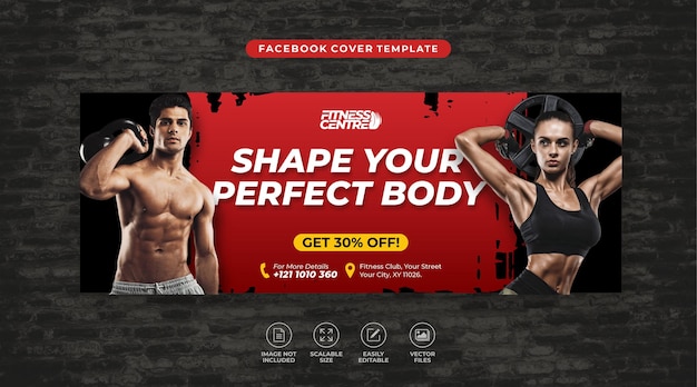Fitness and gym centre social media facebook cover landing page vector template