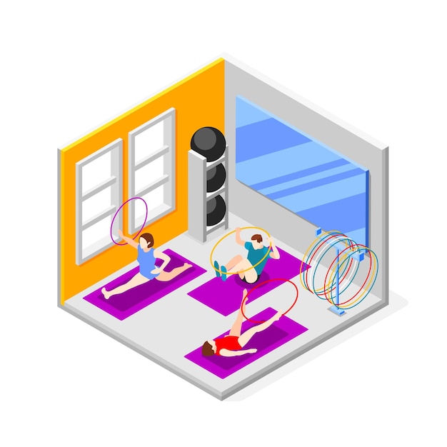 Free vector fitness isometric composition with group of people training with hula hoop in gym 3d vector illustration