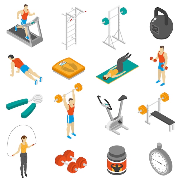 Fitness Isometric Icons Set 