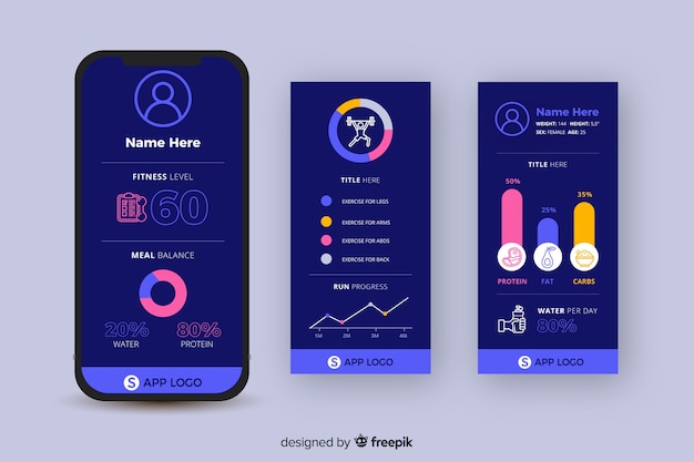 휘트니스 모바일 애플 리 케이 션 infographic 템플릿 평면 스타일