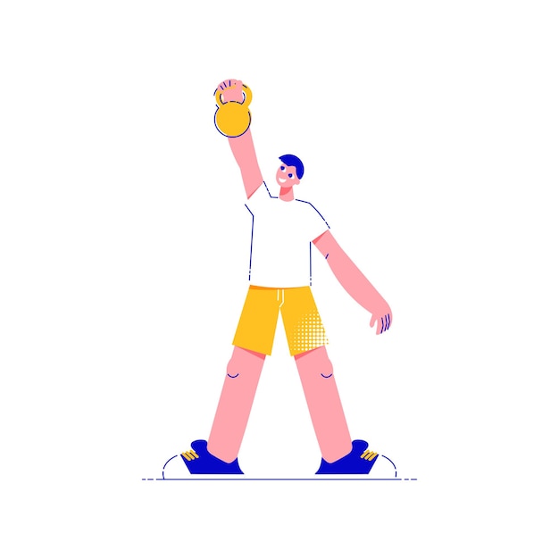 Fitness people flat composition with character of boy raising hand with dumbbell vector illustration