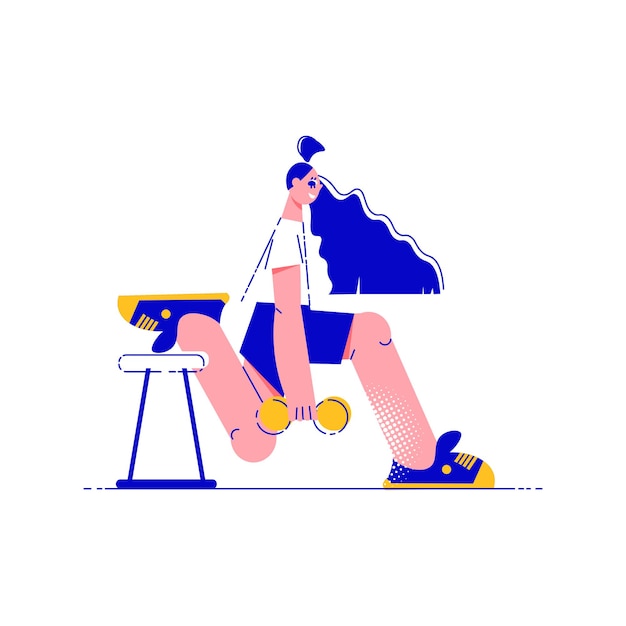 Fitness people flat composition with character of girl stretching legs holding barbell vector illustration