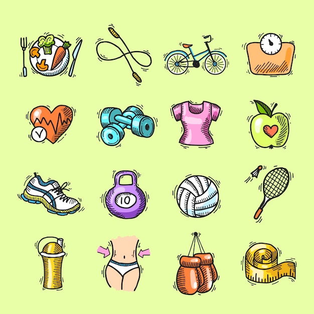 Fitness sketch colored icons set