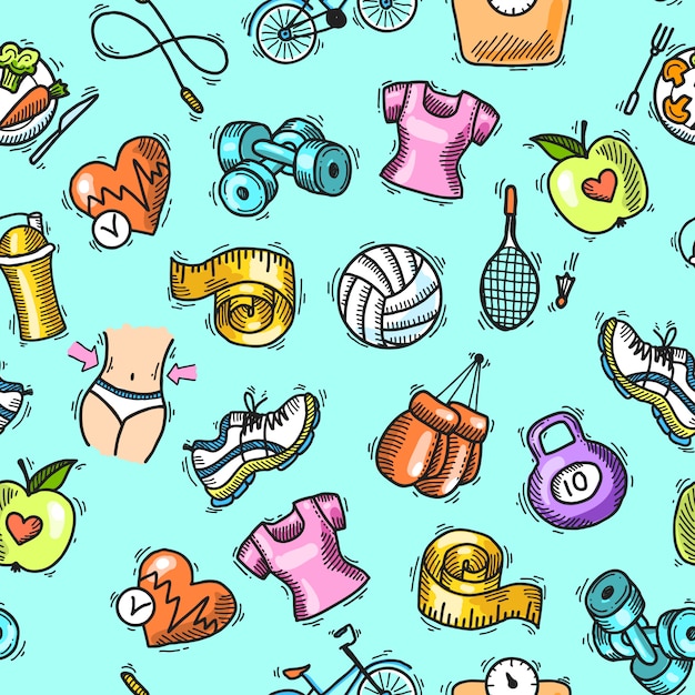 Fitness sketch colored seamless pattern
