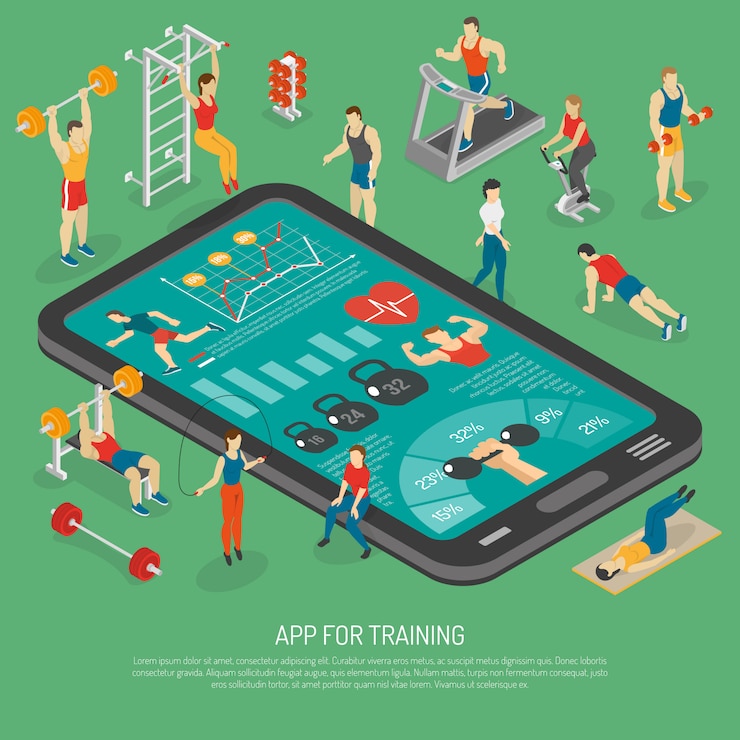 Free Vector fitness smartphone accessories apps isometric poster