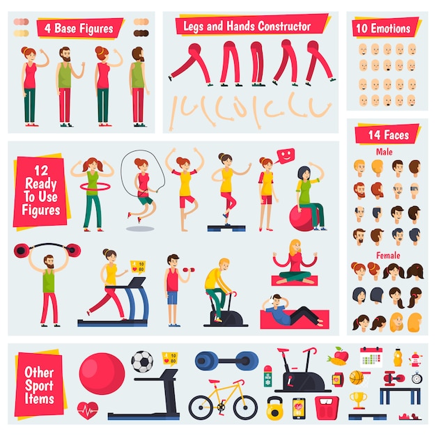 Free vector fitness training people character constructor