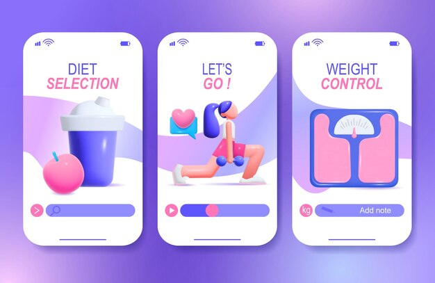 Fitness weight control diet selection vertical mobile web banners set isolated on gradient background cartoon vector illustration