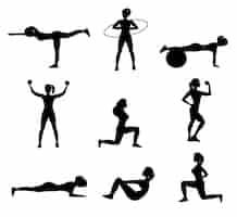 Free vector fitness for woman flat silhouettes set
