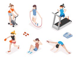 Vettore gratuito donne di forma fisica in palestra, ginnastica e esercizi di yoga. icone isometriche 3d. sportivi, salute e salto con la corda,